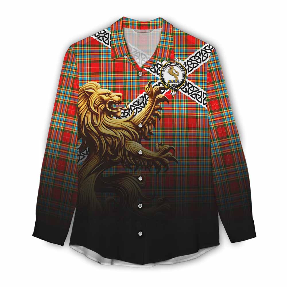 Chattan Crest Tartan Women's Casual Shirt with Golden Lion Emblem Celtic Style Female - Tartan Vibes Clothing