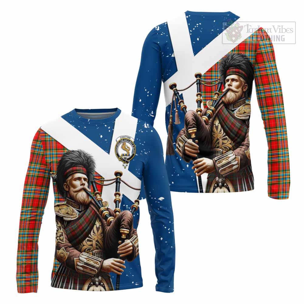 Tartan Vibes Clothing Chattan Tartan Long Sleeve T-Shirt with Family Crest Scottish Bagpiper Vibes