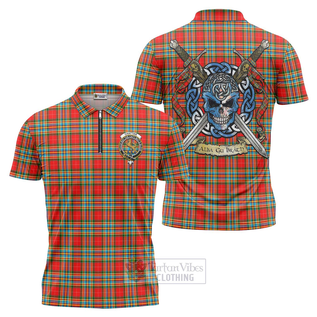 Tartan Vibes Clothing Chattan Tartan Zipper Polo Shirt with Family Crest Celtic Skull Style