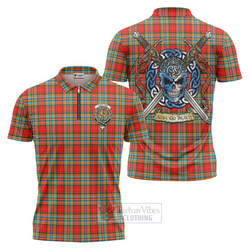 Chattan Tartan Zipper Polo Shirt with Family Crest Celtic Skull Style