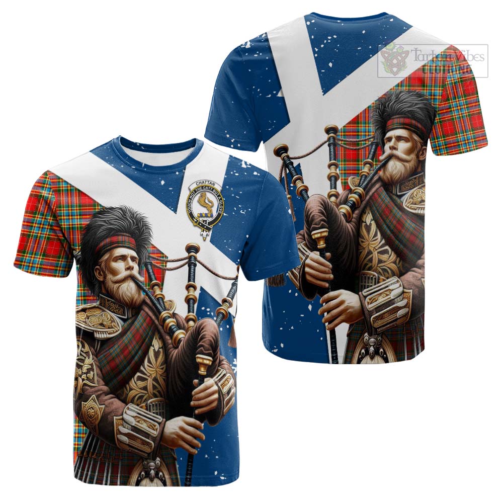 Tartan Vibes Clothing Chattan Tartan Cotton T-shirt with Family Crest Scottish Bagpiper Vibes