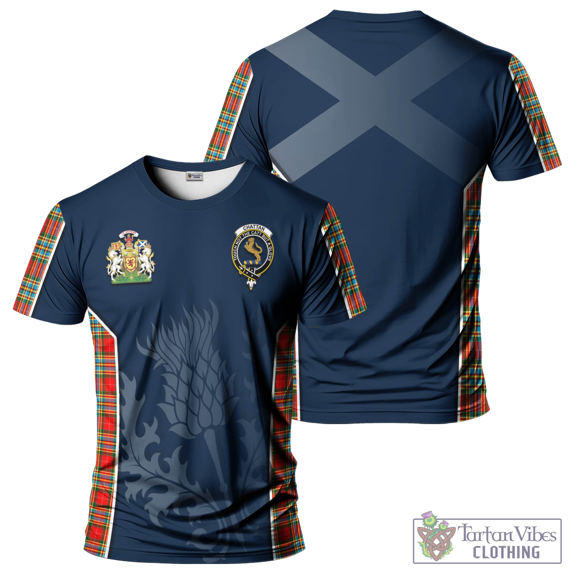 Tartan Vibes Clothing Chattan Tartan T-Shirt with Family Crest and Scottish Thistle Vibes Sport Style