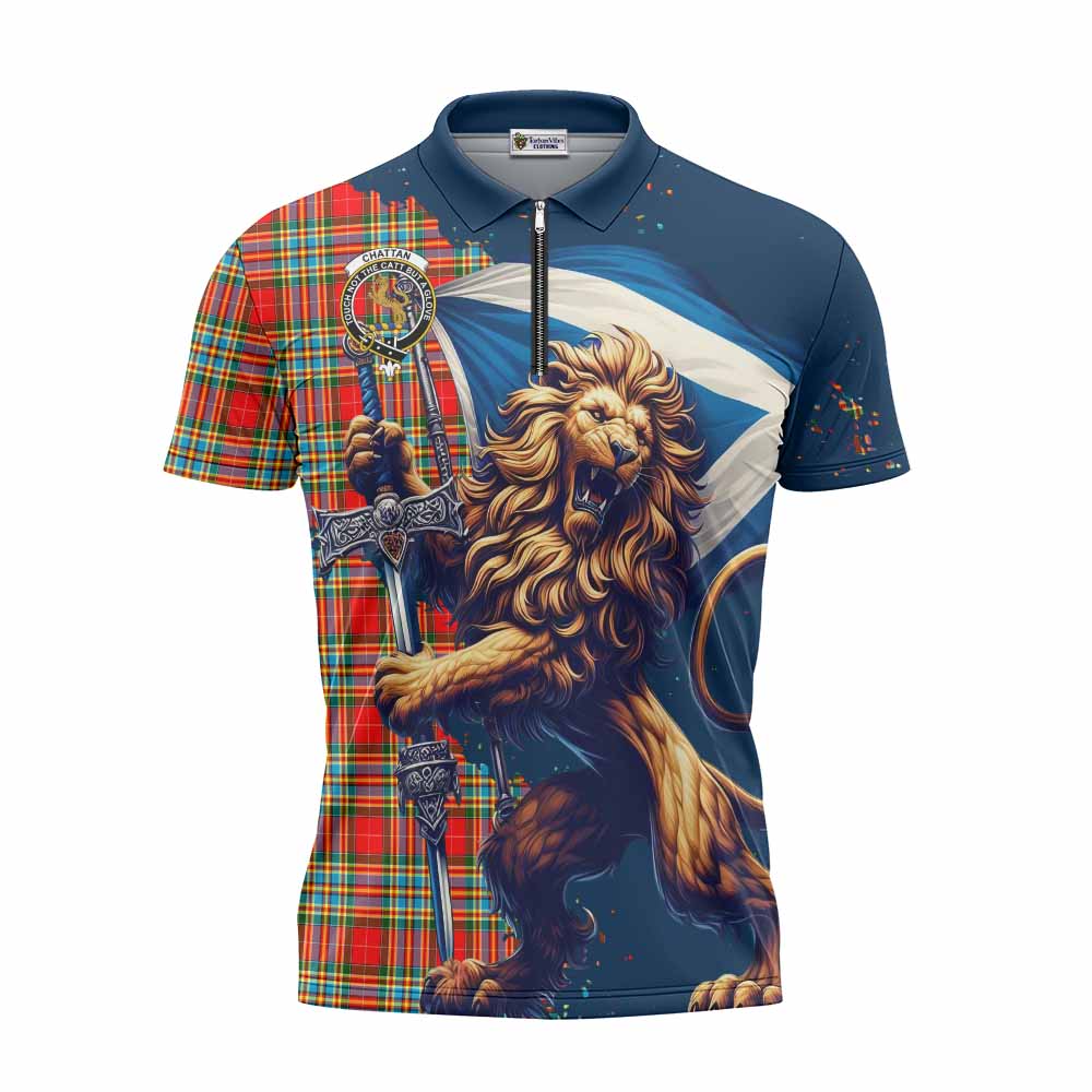 Tartan Vibes Clothing Chattan Tartan Family Crest Zipper Polo Shirt with Scottish Majestic Lion