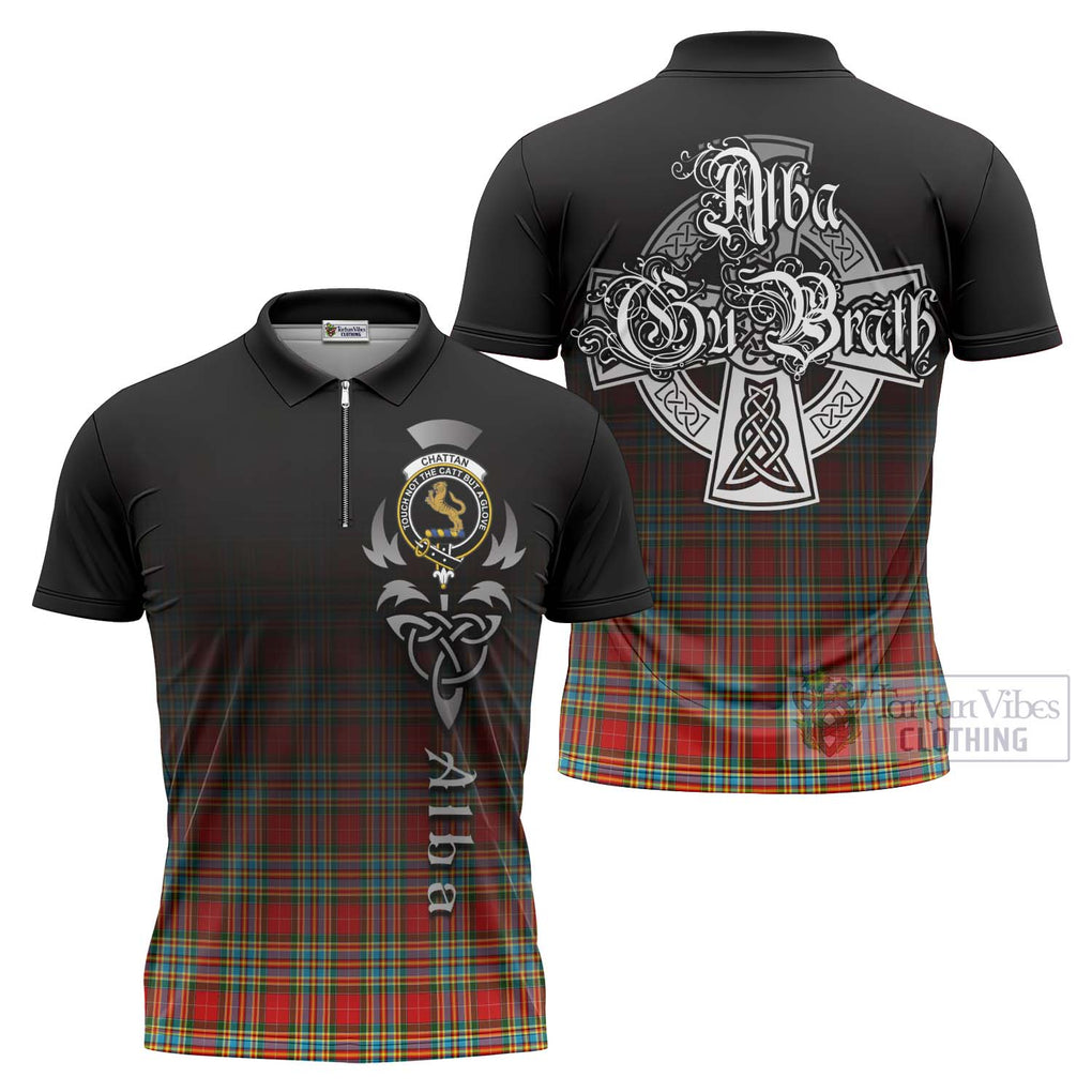 Tartan Vibes Clothing Chattan Tartan Zipper Polo Shirt Featuring Alba Gu Brath Family Crest Celtic Inspired