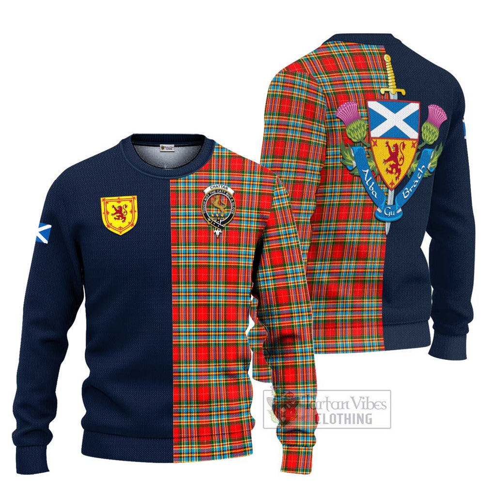 Tartan Vibes Clothing Chattan Tartan Knitted Sweater with Scottish Lion Royal Arm Half Style