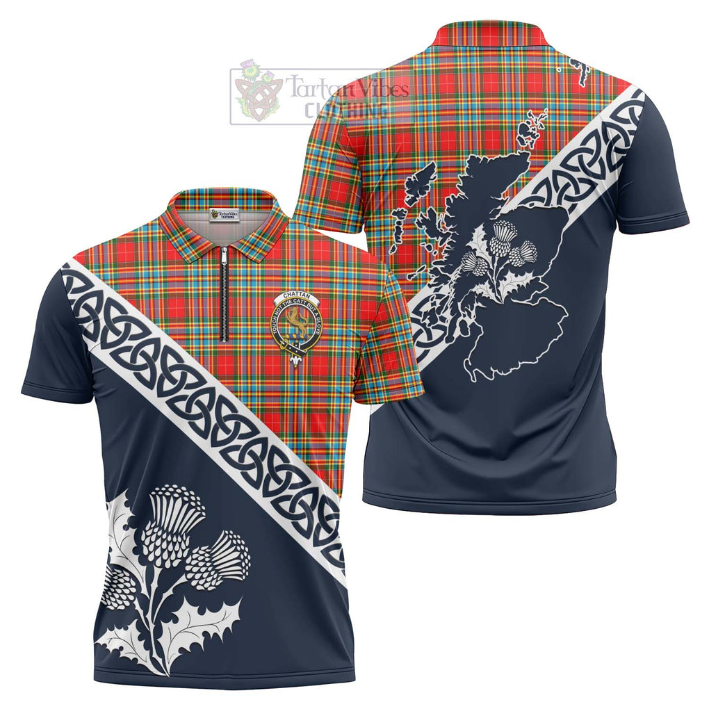 Tartan Vibes Clothing Chattan Tartan Zipper Polo Shirt Featuring Thistle and Scotland Map