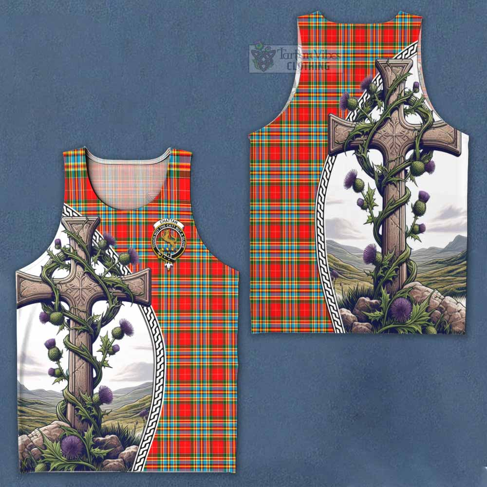 Tartan Vibes Clothing Chattan Tartan Men's Tank Top with Family Crest and St. Andrew's Cross Accented by Thistle Vines