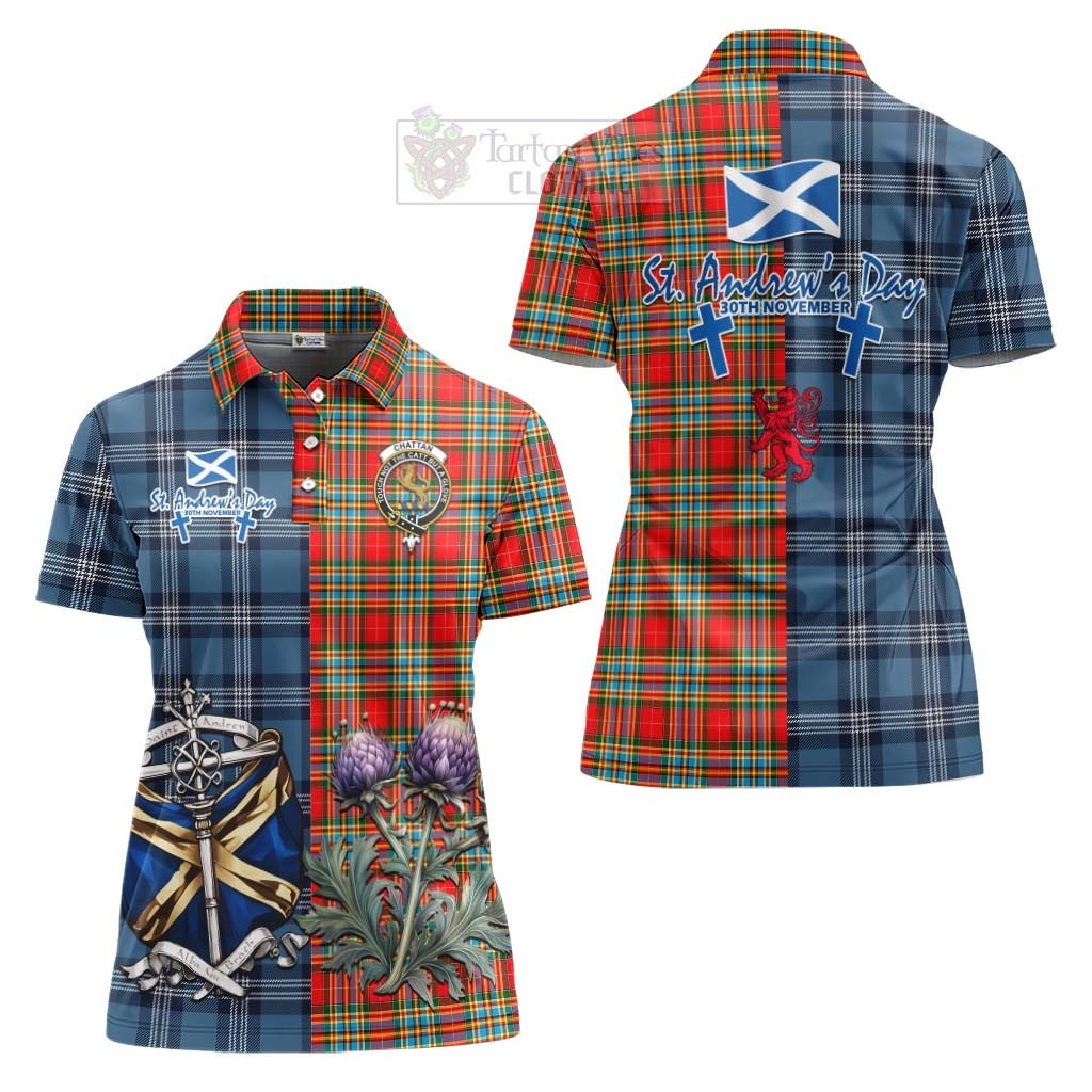 Tartan Vibes Clothing Chattan Tartan Women's Polo Shirt Happy St. Andrew's Day Half Tartan Style