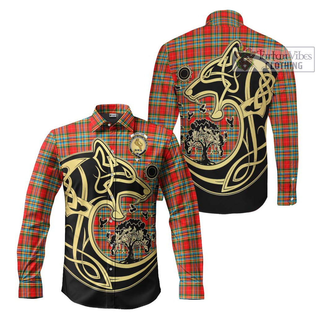 Chattan Tartan Long Sleeve Button Shirt with Family Crest Celtic Wolf Style Men's Shirt S - Tartan Vibes Clothing