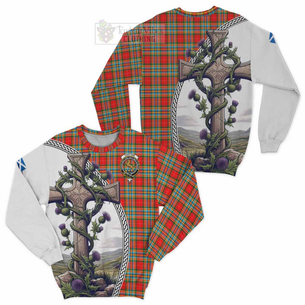 Tartan Vibes Clothing Chattan Tartan Sweatshirt with Family Crest and St. Andrew's Cross Accented by Thistle Vines