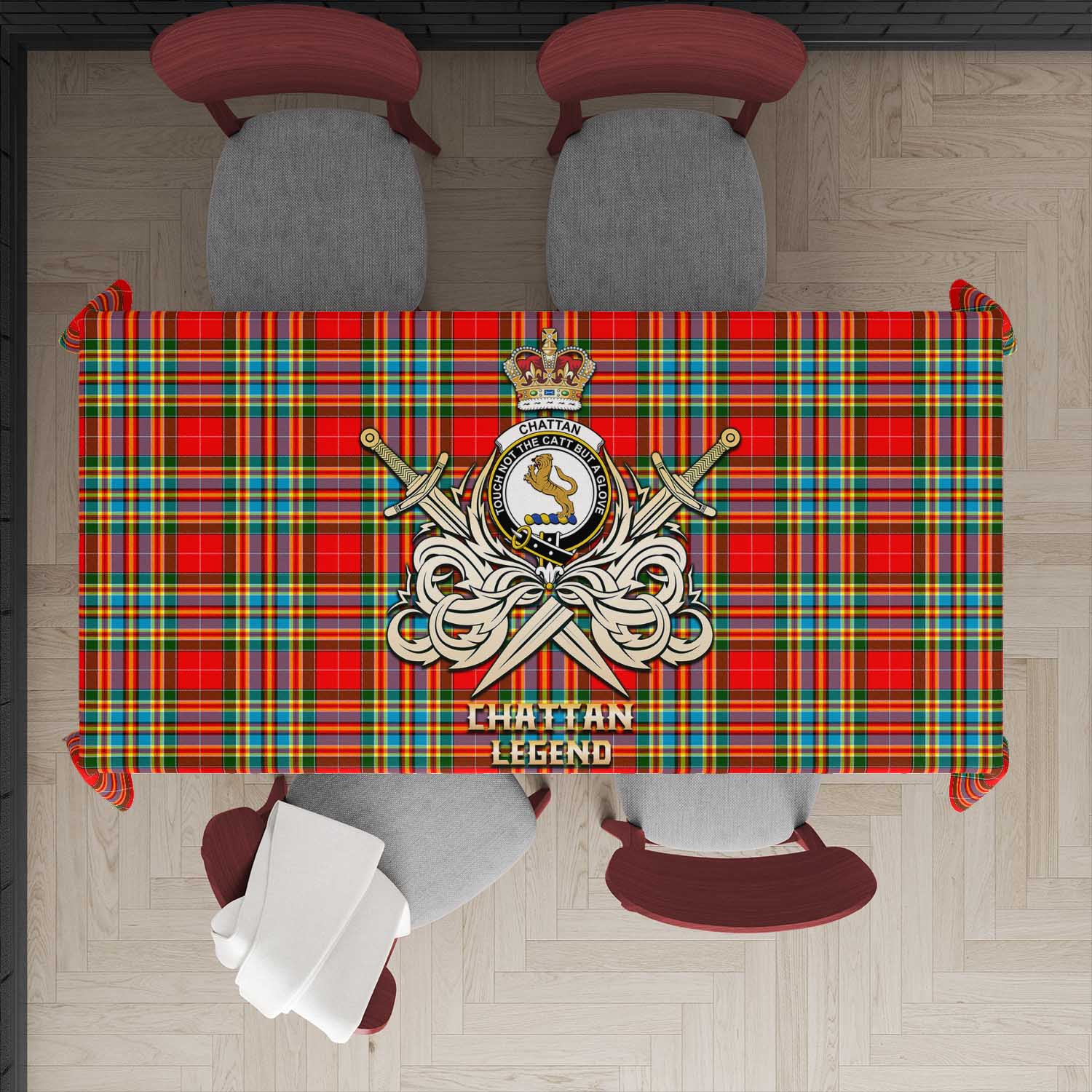 Tartan Vibes Clothing Chattan Tartan Tablecloth with Clan Crest and the Golden Sword of Courageous Legacy