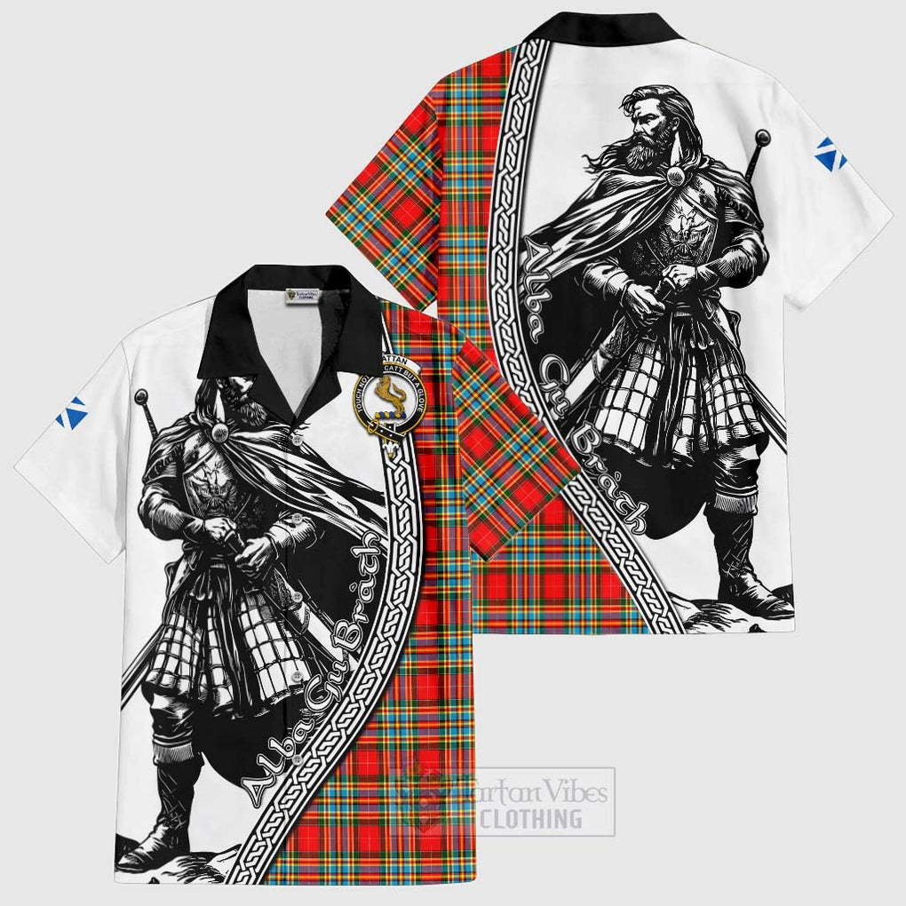 Tartan Vibes Clothing Chattan Tartan Clan Crest Short Sleeve Button Shirt with Highlander Warrior Celtic Style