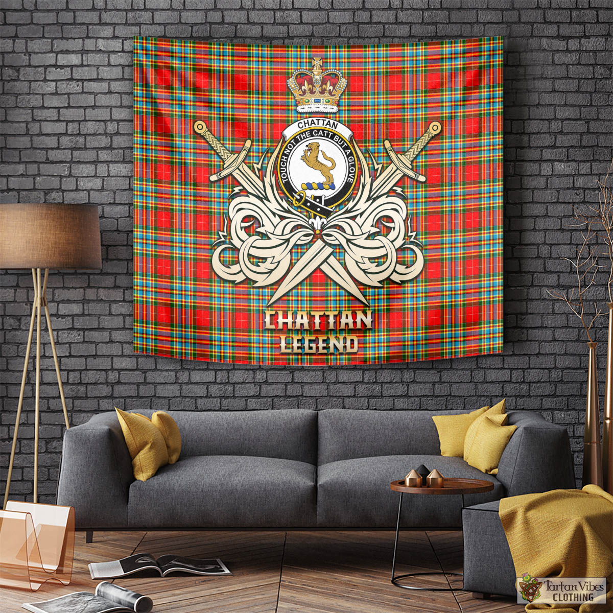 Tartan Vibes Clothing Chattan Tartan Tapestry with Clan Crest and the Golden Sword of Courageous Legacy