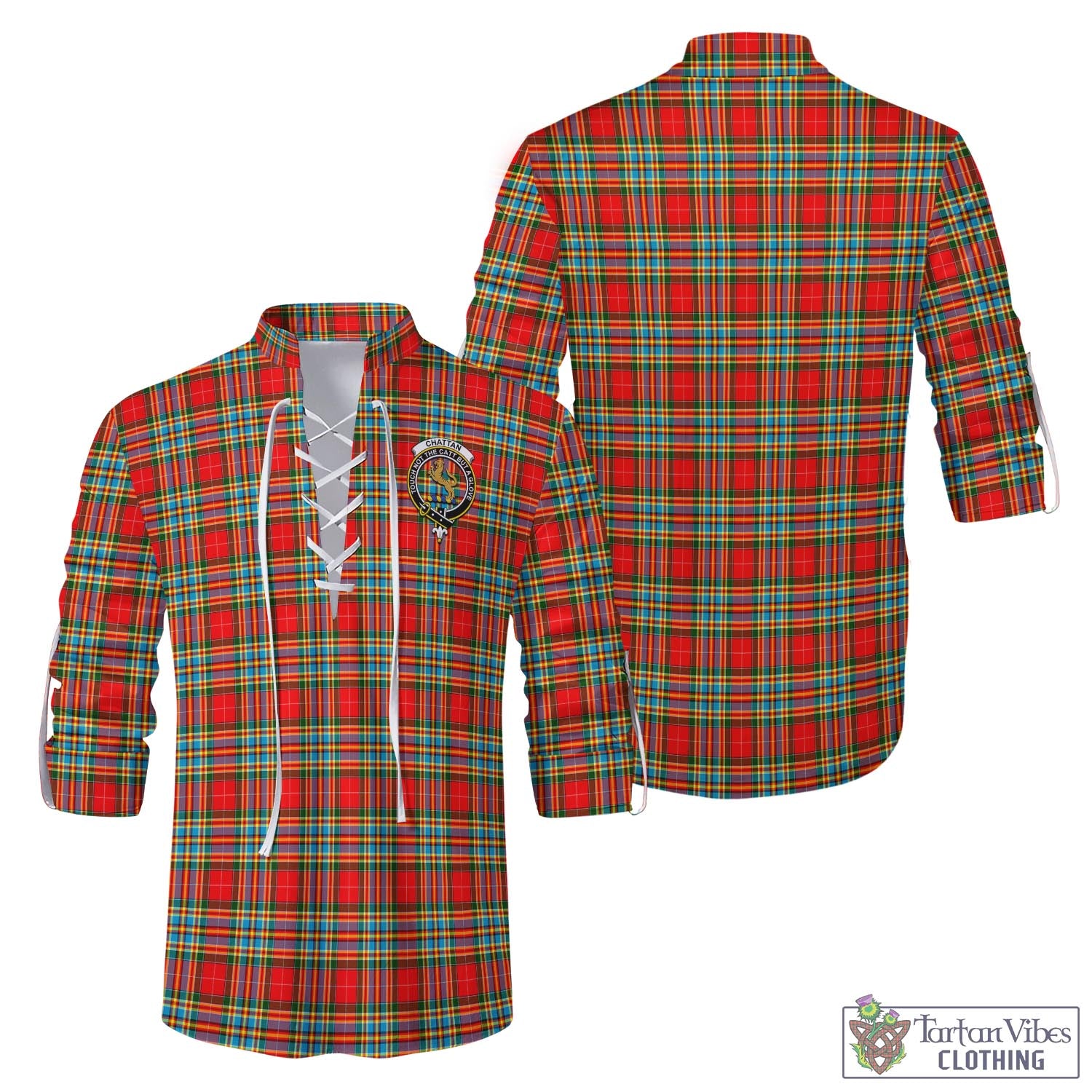 Tartan Vibes Clothing Chattan Tartan Men's Scottish Traditional Jacobite Ghillie Kilt Shirt with Family Crest