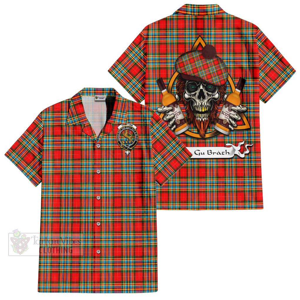 Tartan Vibes Clothing Chattan Tartan Short Sleeve Button Shirt with Family Crest and Bearded Skull Holding Bottles of Whiskey