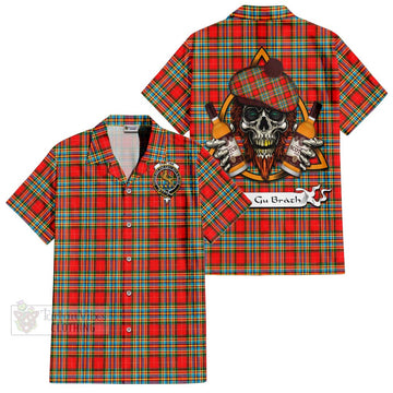 Chattan Tartan Short Sleeve Button Shirt with Family Crest and Bearded Skull Holding Bottles of Whiskey