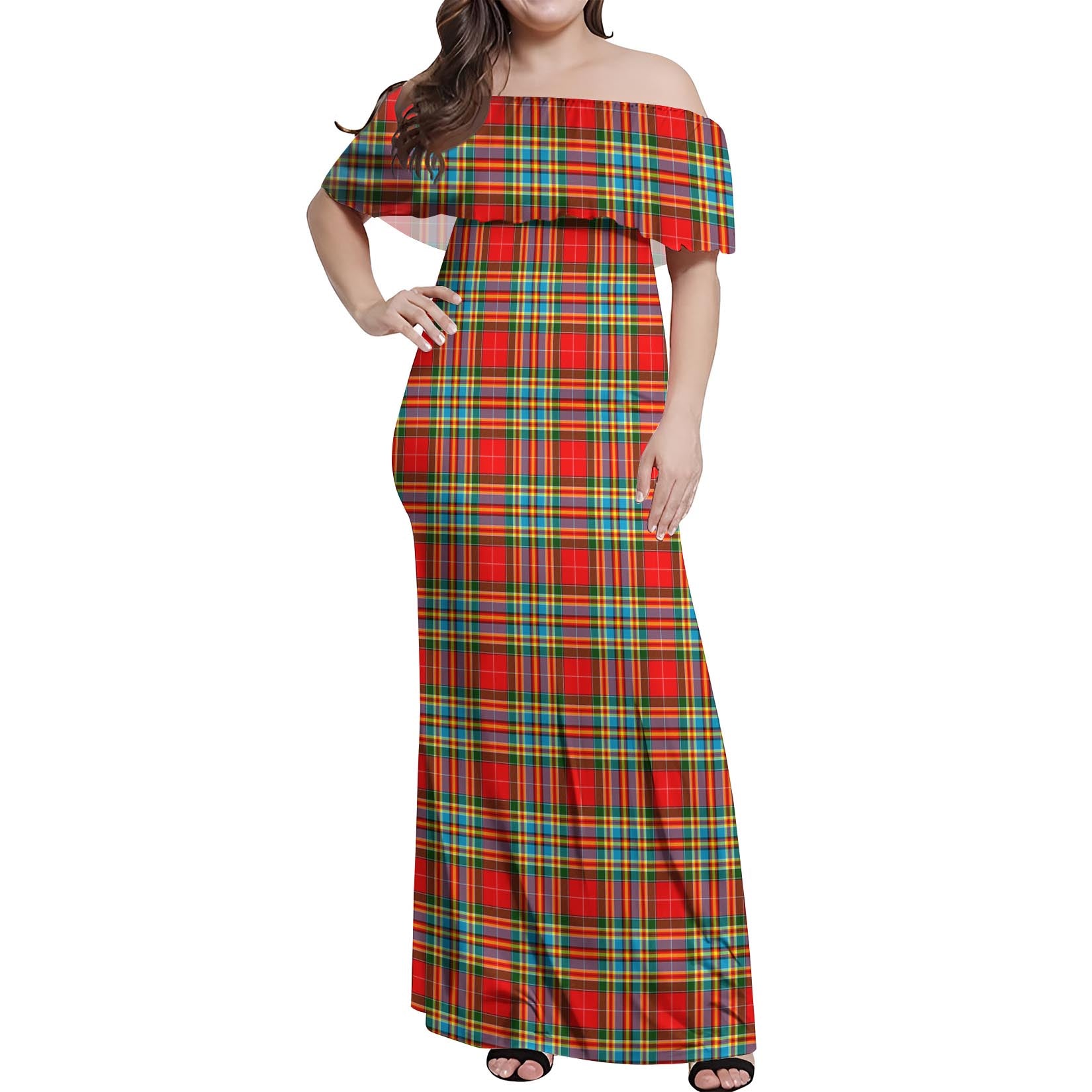 Chattan Tartan Off Shoulder Long Dress Women's Dress - Tartanvibesclothing