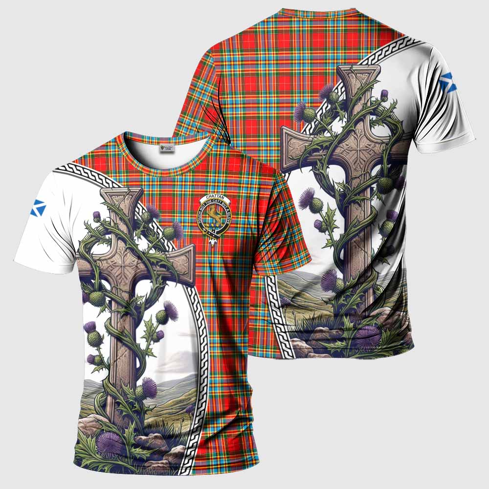 Tartan Vibes Clothing Chattan Agnew Tartan T-Shirt with Family Crest and St. Andrew's Cross Accented by Thistle Vines