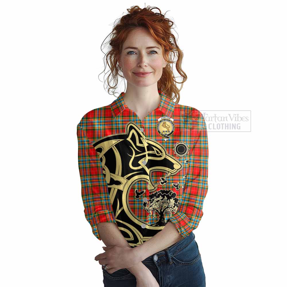 Tartan Vibes Clothing Chattan Tartan Women's Casual Shirt with Family Crest Celtic Wolf Style