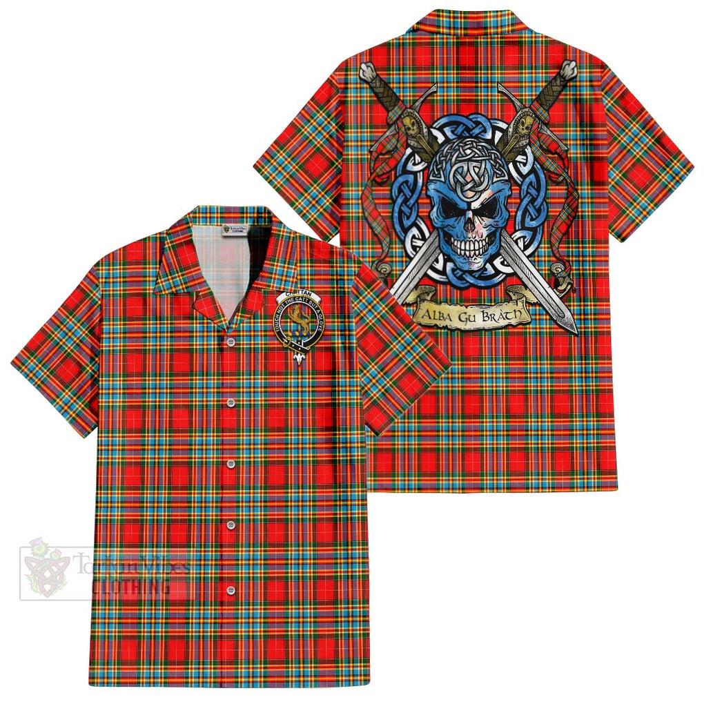 Tartan Vibes Clothing Chattan Tartan Short Sleeve Button Shirt with Family Crest Celtic Skull Style