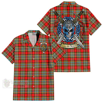 Chattan Tartan Short Sleeve Button Shirt with Family Crest Celtic Skull Style