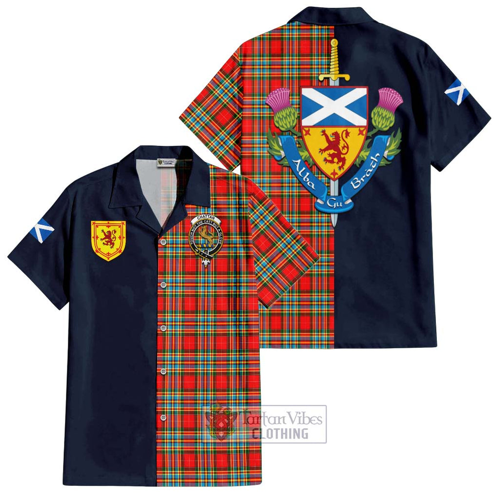 Tartan Vibes Clothing Chattan Tartan Short Sleeve Button Shirt with Scottish Lion Royal Arm Half Style