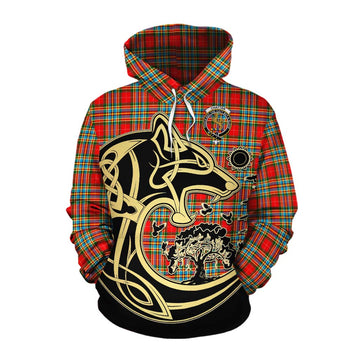 Chattan Tartan Cotton Hoodie with Family Crest Celtic Wolf Style