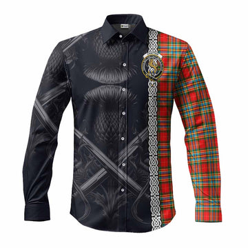 Chattan Tartan Long Sleeve Button Shirt with Family Crest Cross Sword Thistle Celtic Vibes