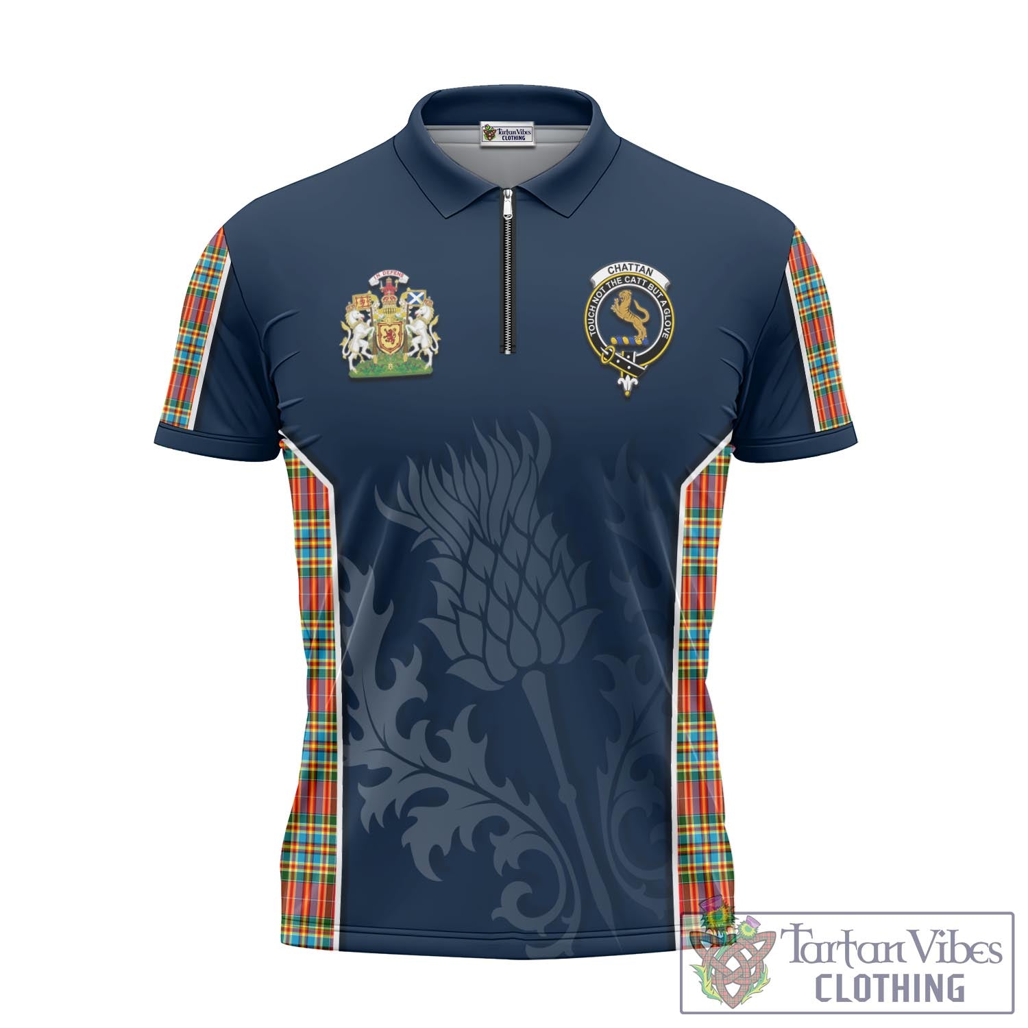 Tartan Vibes Clothing Chattan Tartan Zipper Polo Shirt with Family Crest and Scottish Thistle Vibes Sport Style