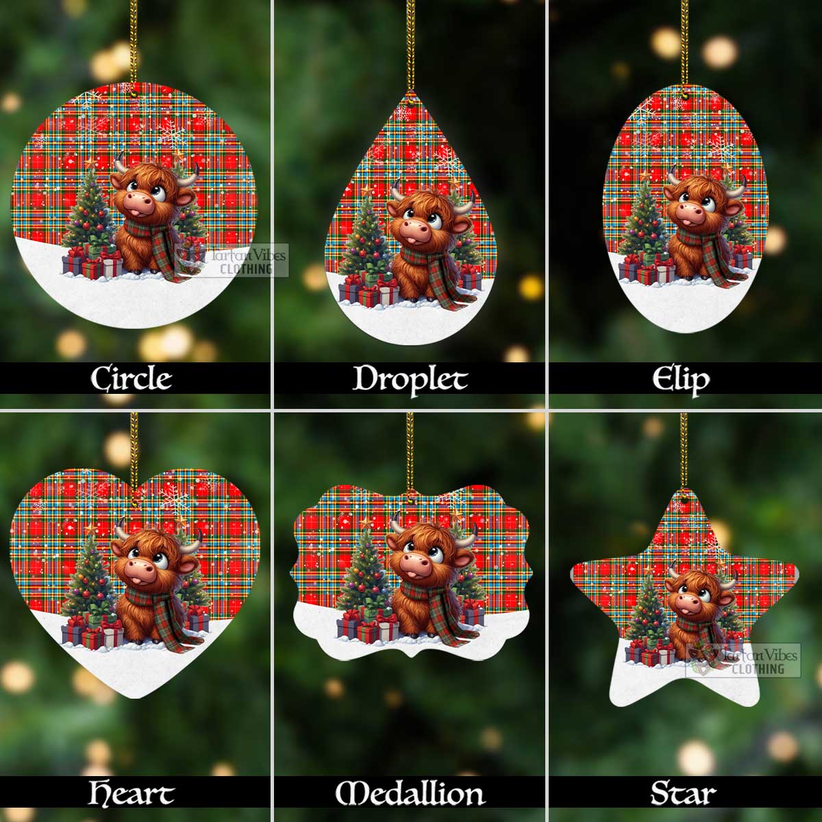 Tartan Vibes Clothing Chattan Tartan Christmas Aluminium Ornament with Adorable Highland Coo