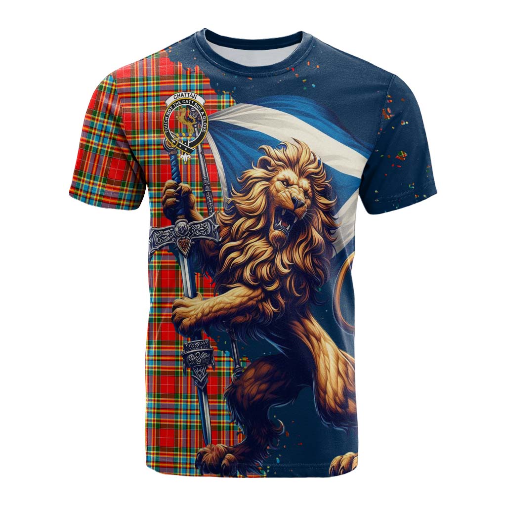 Tartan Vibes Clothing Chattan Tartan Family Crest Cotton T-shirt with Scottish Majestic Lion