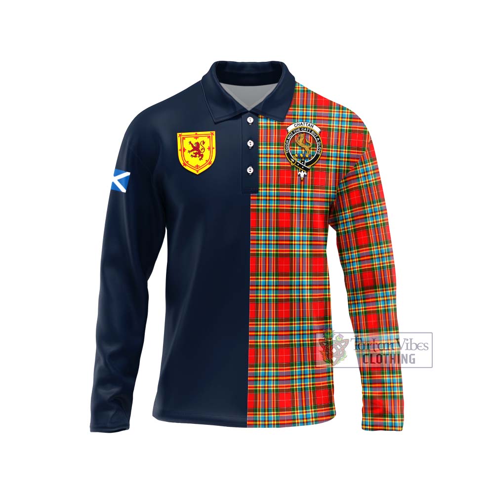 Tartan Vibes Clothing Chattan Tartan Long Sleeve Polo Shirt with Scottish Lion Royal Arm Half Style