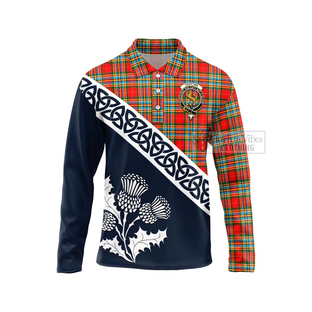 Tartan Vibes Clothing Chattan Tartan Long Sleeve Polo Shirt Featuring Thistle and Scotland Map