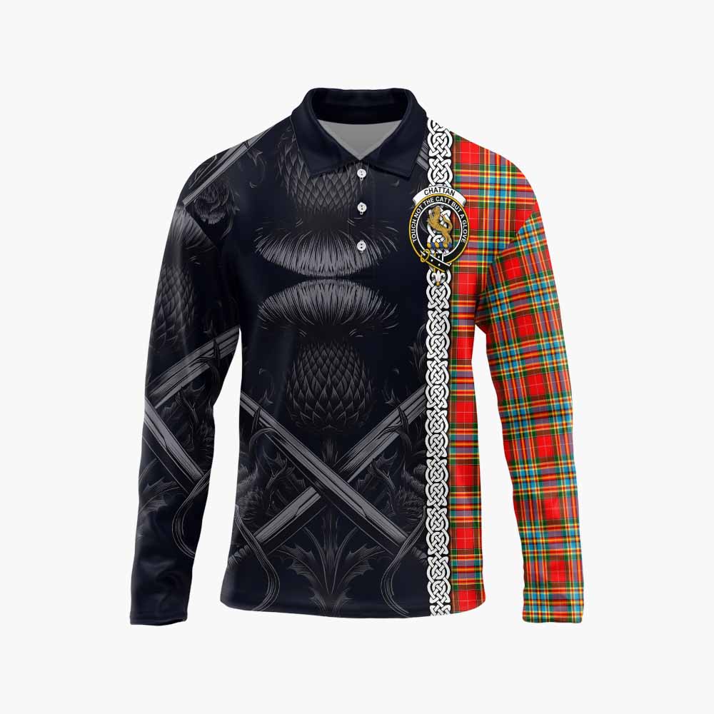 Tartan Vibes Clothing Chattan Tartan Long Sleeve Polo Shirt with Family Crest Cross Sword Thistle Celtic Vibes