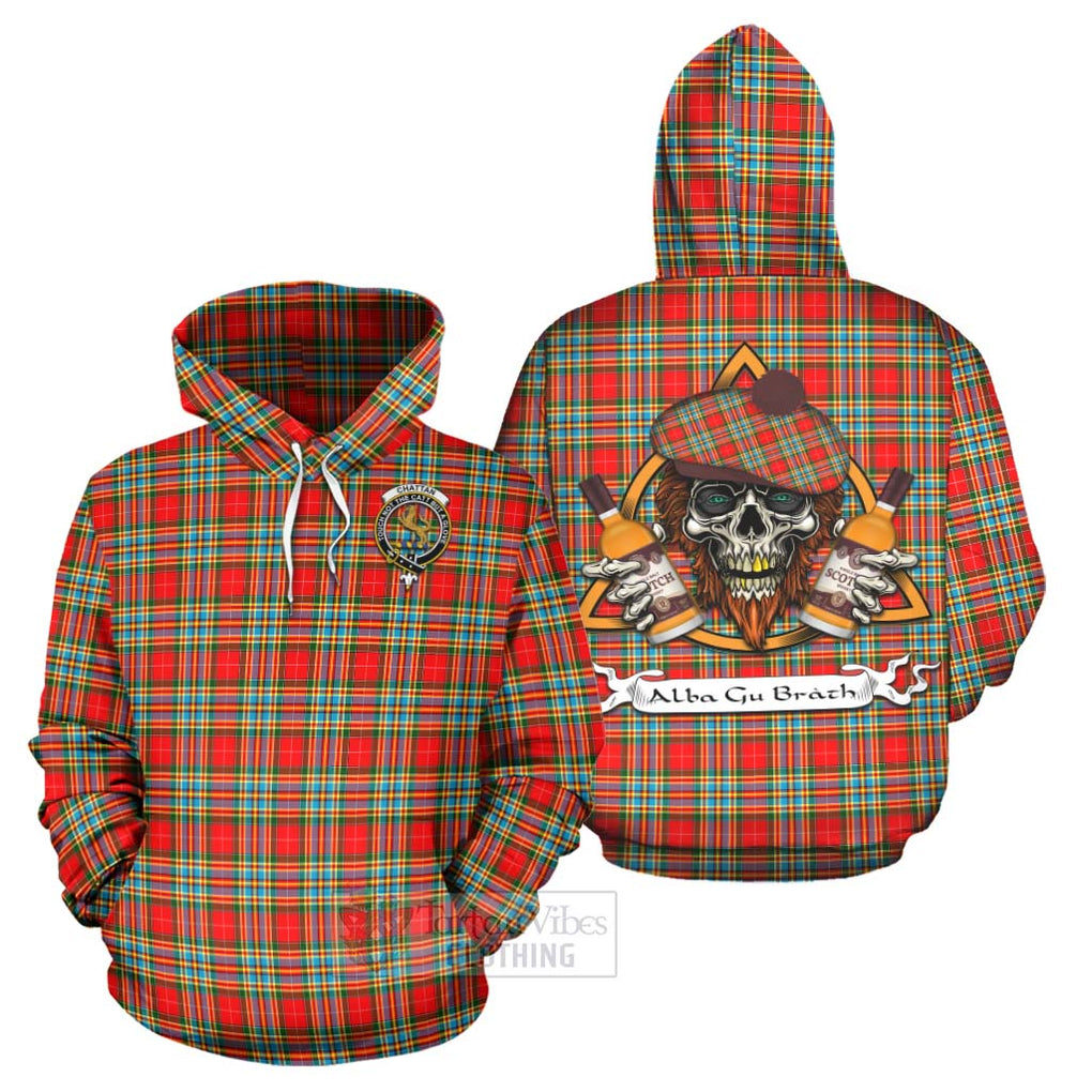 Tartan Vibes Clothing Chattan Tartan Hoodie with Family Crest and Bearded Skull Holding Bottles of Whiskey