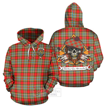 Chattan Tartan Hoodie with Family Crest and Bearded Skull Holding Bottles of Whiskey