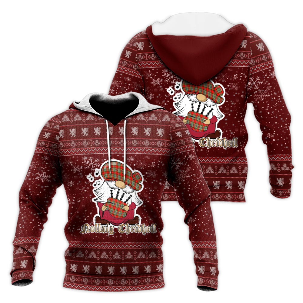 Chattan Clan Christmas Knitted Hoodie with Funny Gnome Playing Bagpipes Red - Tartanvibesclothing