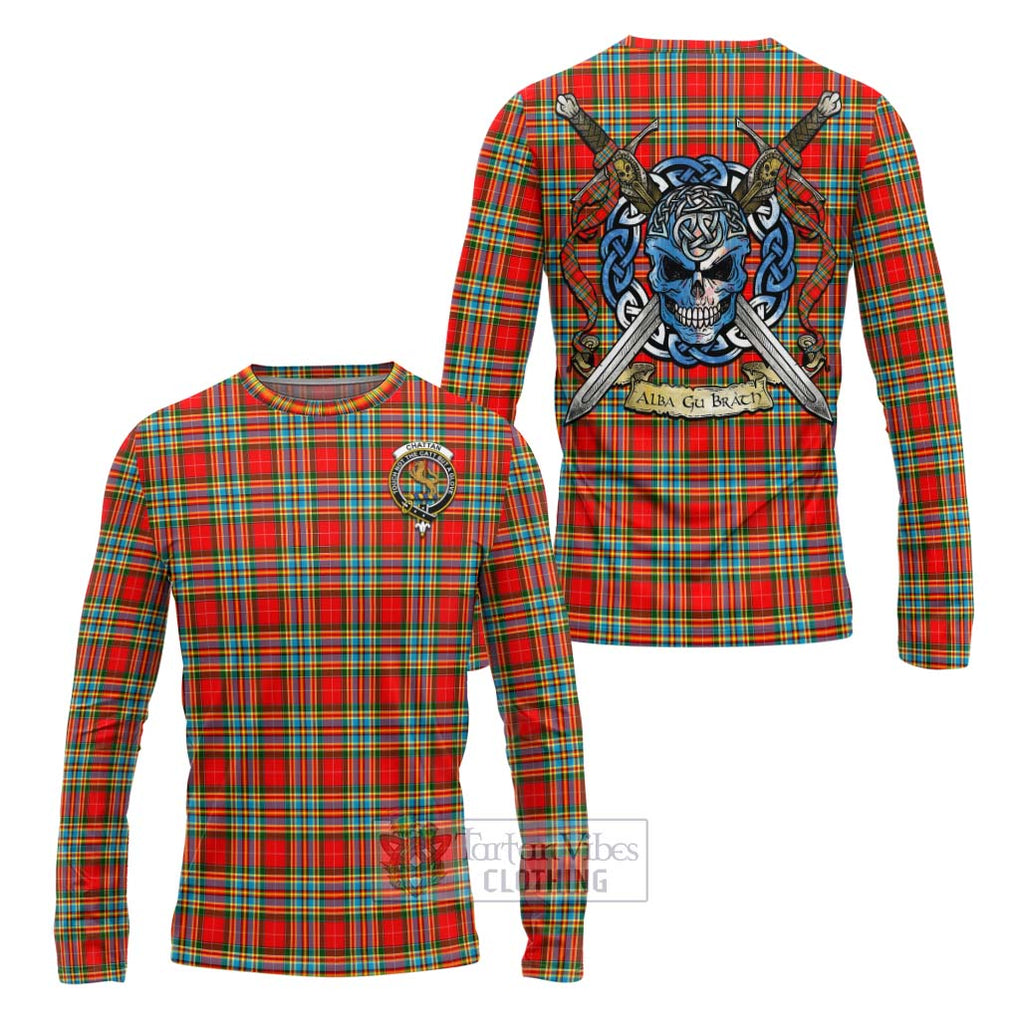 Tartan Vibes Clothing Chattan Tartan Long Sleeve T-Shirt with Family Crest Celtic Skull Style