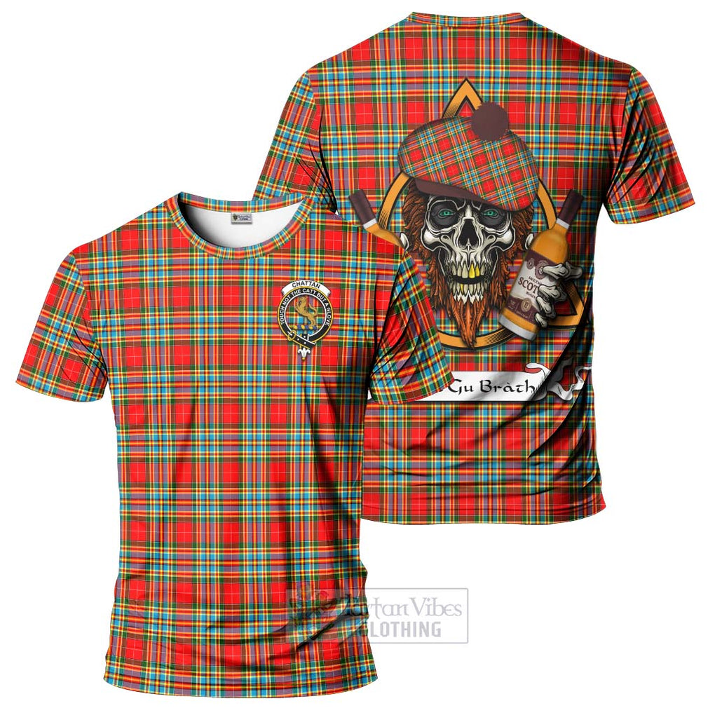 Tartan Vibes Clothing Chattan Tartan T-Shirt with Family Crest and Bearded Skull Holding Bottles of Whiskey