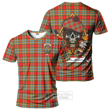 Chattan Tartan T-Shirt with Family Crest and Bearded Skull Holding Bottles of Whiskey