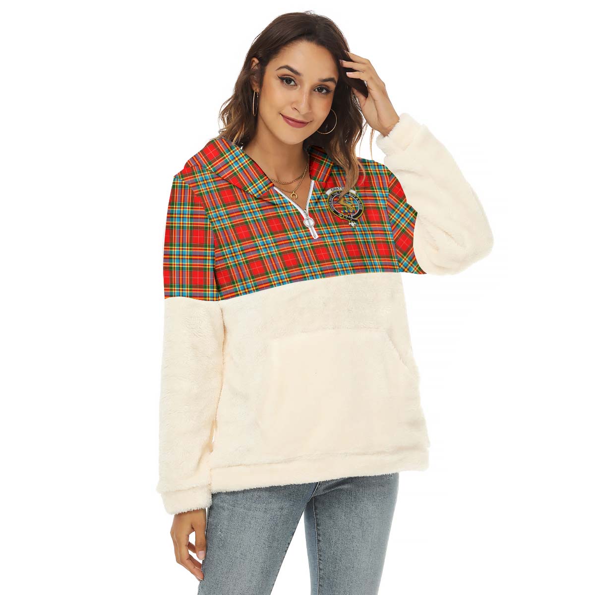 Chattan Tartan Women's Borg Fleece Hoodie With Half Zip with Family Crest Female - Tartanvibesclothing