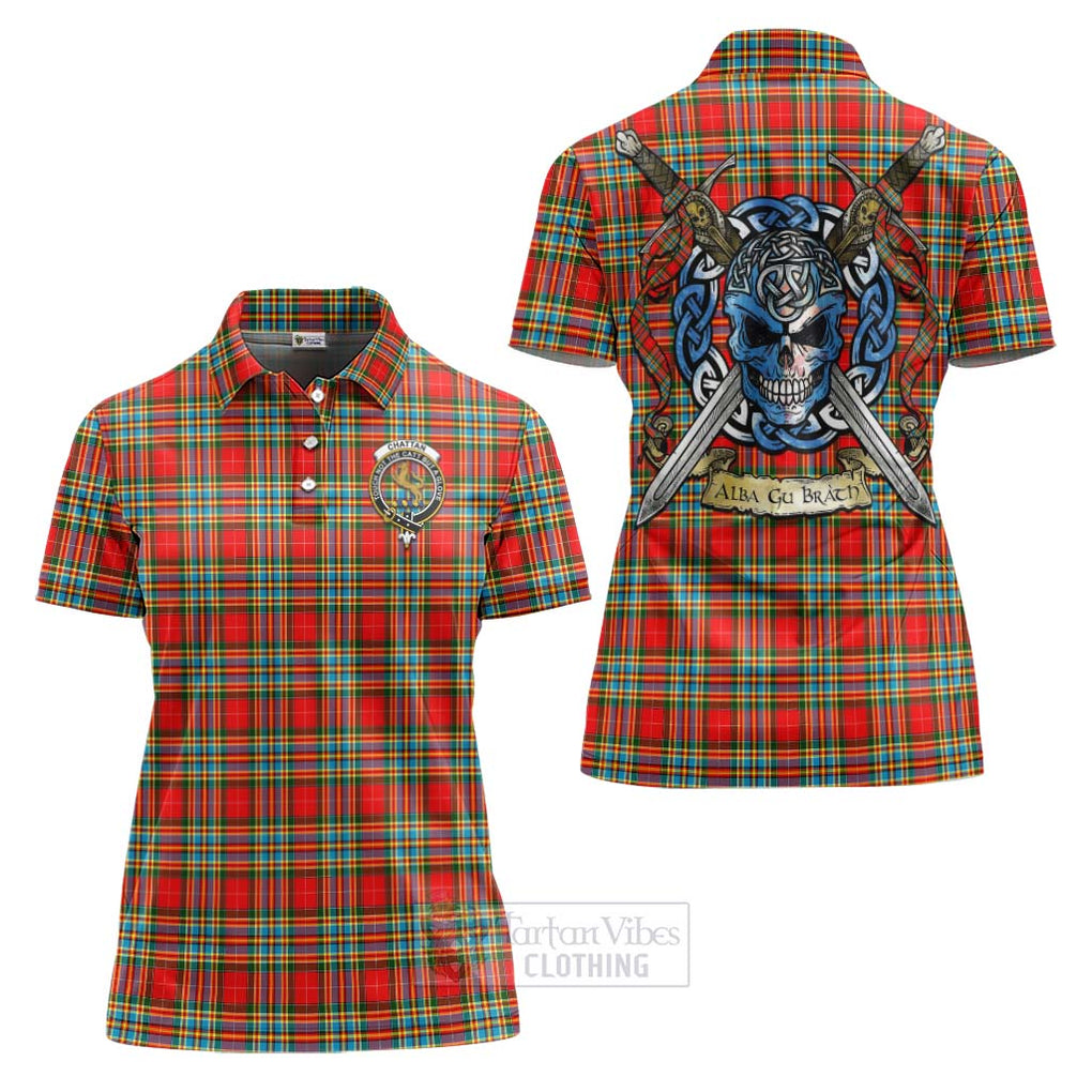 Tartan Vibes Clothing Chattan Tartan Women's Polo Shirt with Family Crest Celtic Skull Style