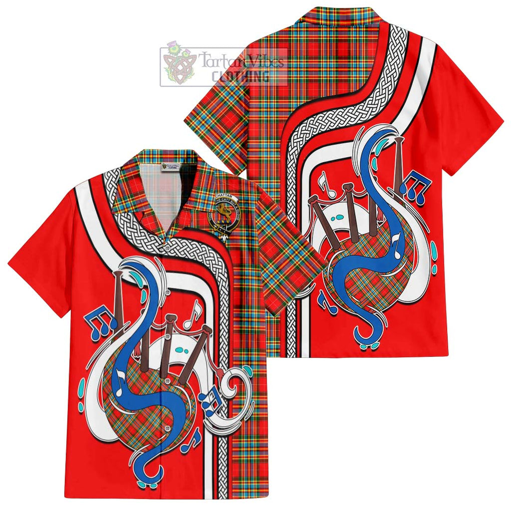 Chattan Tartan Short Sleeve Button Shirt with Epic Bagpipe Style Kid - Tartanvibesclothing Shop