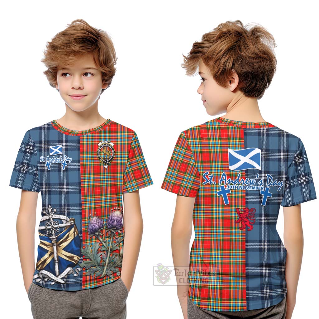 Tartan Vibes Clothing Chattan Tartan Kid T-Shirt Happy St. Andrew's Day Half Tartan Style