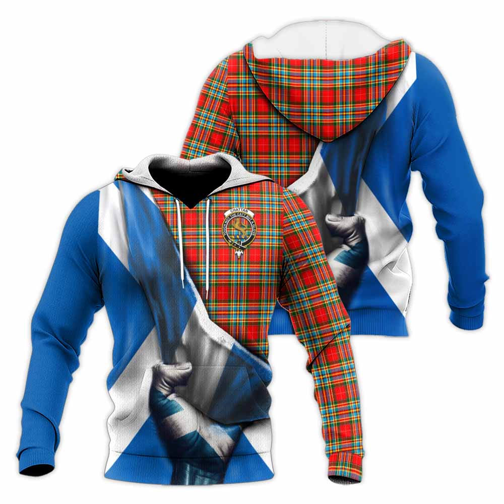 Tartan Vibes Clothing Chattan Tartan Knitted Hoodie with Family Crest Scotland Patriotic Style