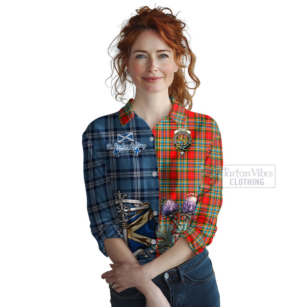 Tartan Vibes Clothing Chattan Tartan Women's Casual Shirt Happy St. Andrew's Day Half Tartan Style