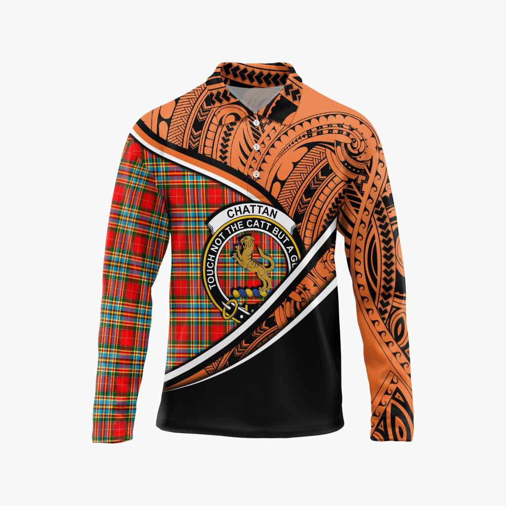 Tartan Vibes Clothing Chattan Crest Tartan Long Sleeve Polo Shirt with Maori Tattoo Style - Orange Version