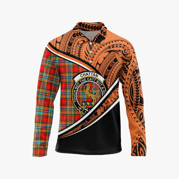 Chattan Crest Tartan Long Sleeve Polo Shirt with Polynesian Vibes Style - Orange Version