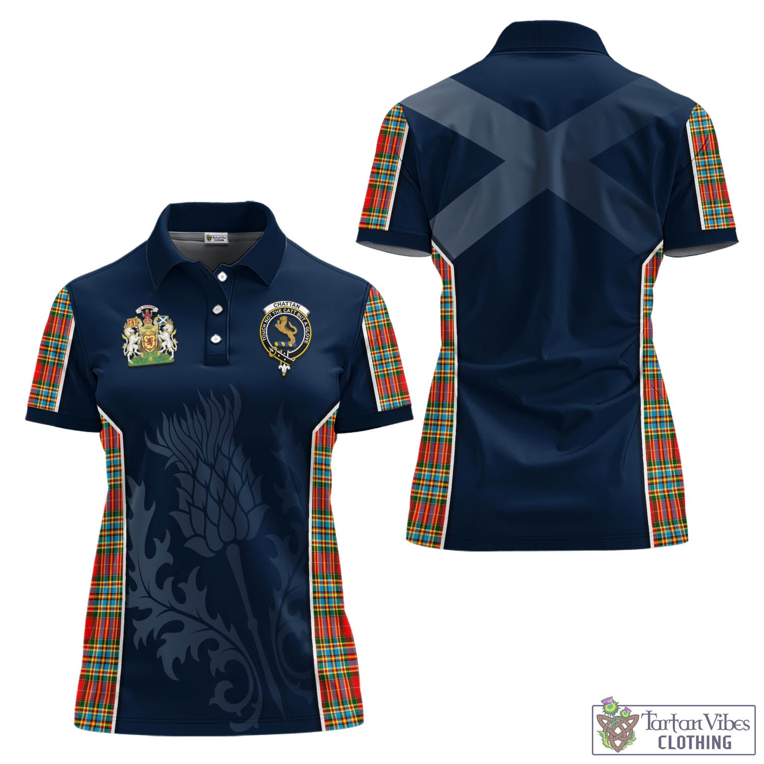 Tartan Vibes Clothing Chattan Tartan Women's Polo Shirt with Family Crest and Scottish Thistle Vibes Sport Style