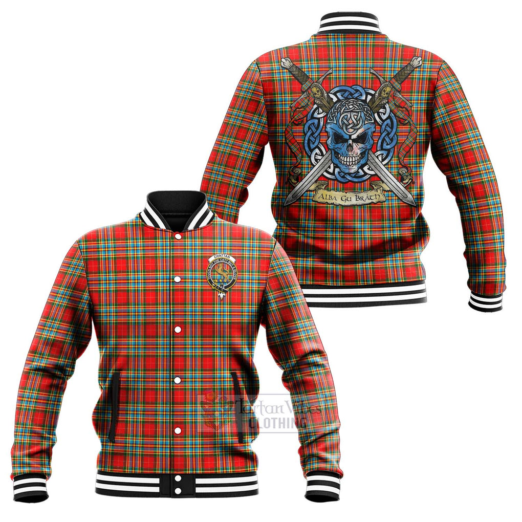 Tartan Vibes Clothing Chattan Tartan Baseball Jacket with Family Crest Celtic Skull Style